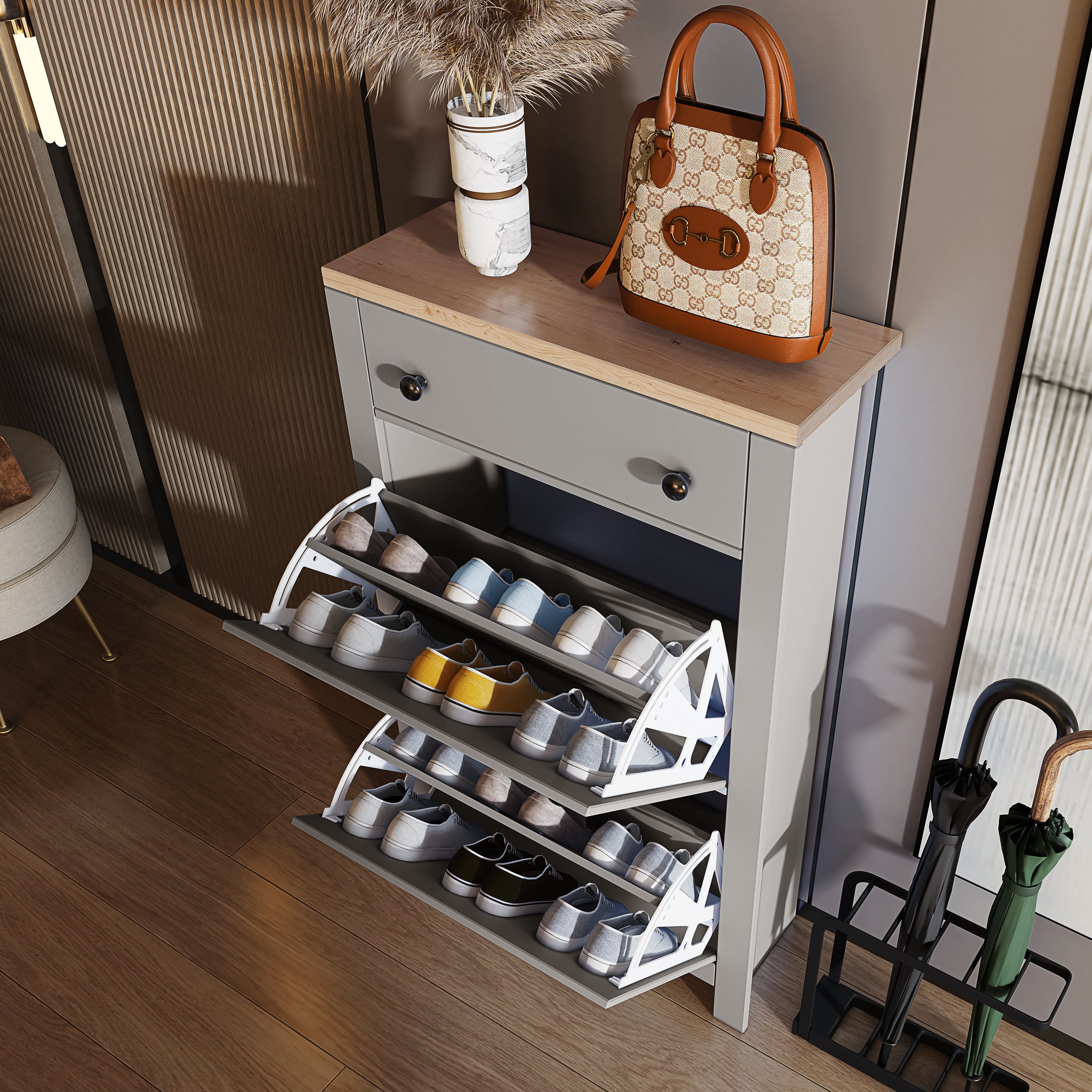 Shoe cabinet with oak top, featuring flip-up compartments and sleek grey design