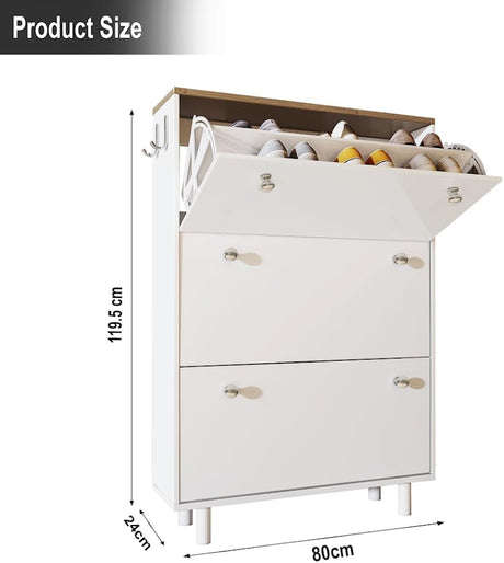 White shoe hallway cabinet with flip-up compartments and spacious storage for shoes.