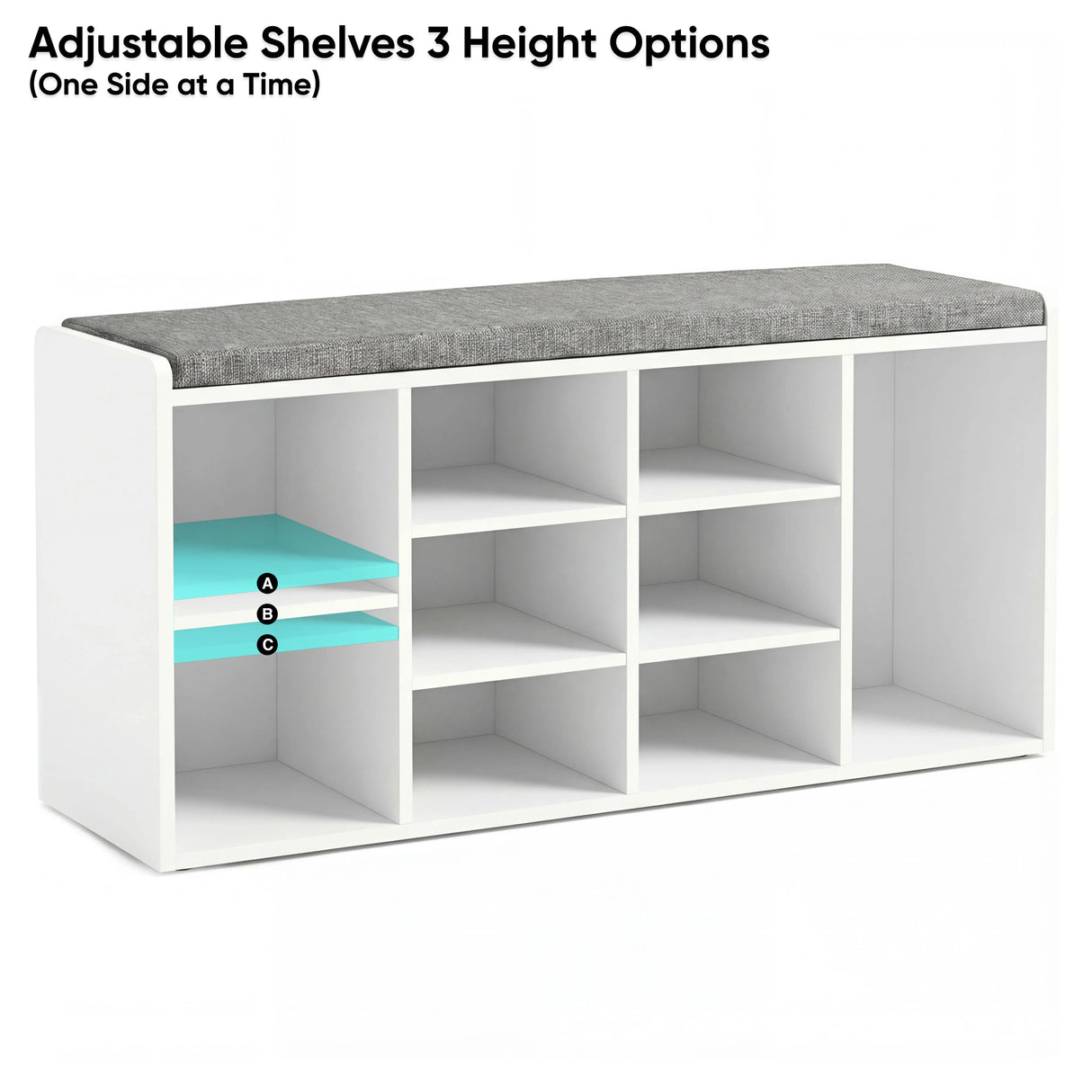 [White] Shoe storage bench left cubby with adjustable shelves at 3 heights, grey cushion across top