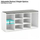 [White] Shoe storage bench left cubby with adjustable shelves at 3 heights, grey cushion across top