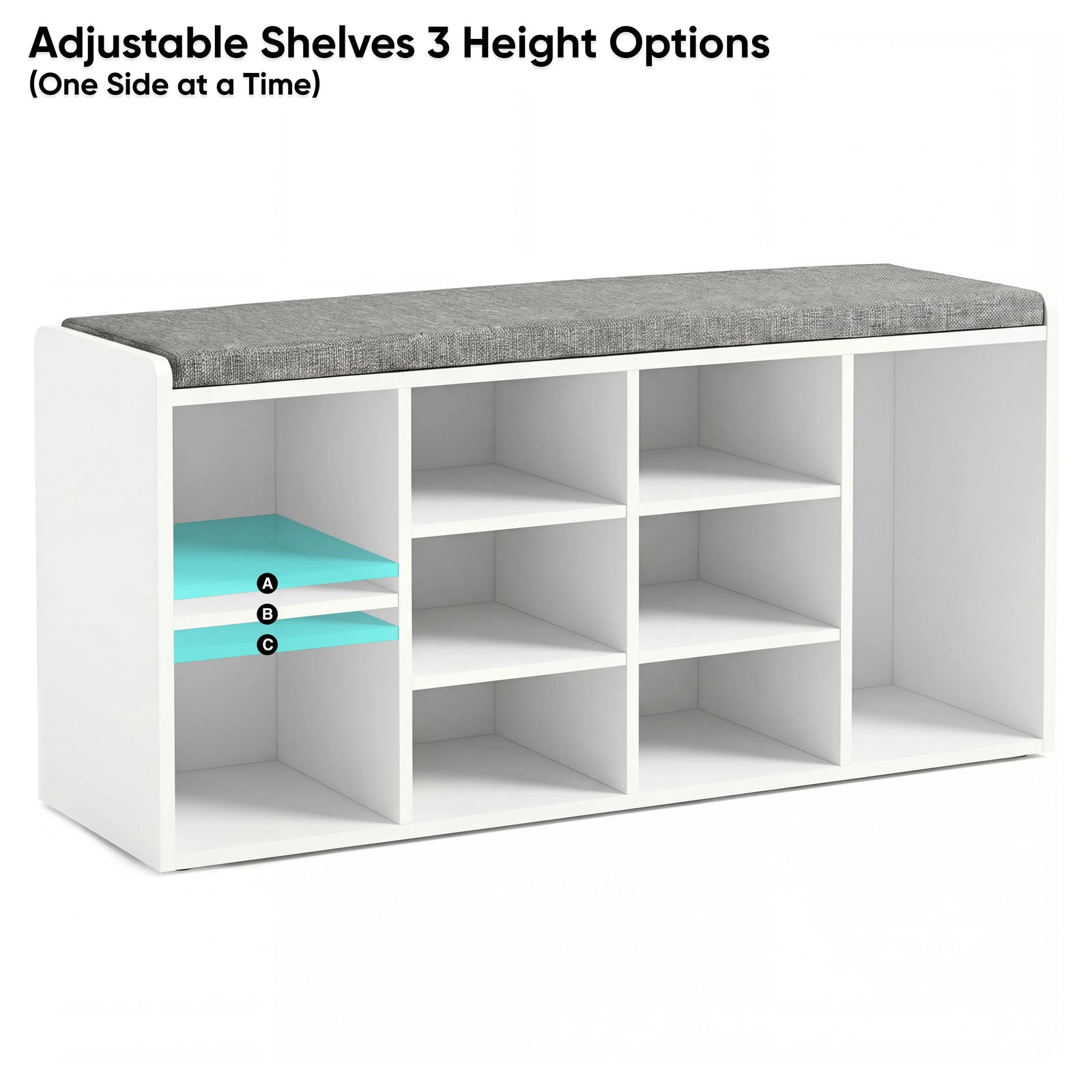 [White] Shoe storage bench left cubby with adjustable shelves at 3 heights, grey cushion across top