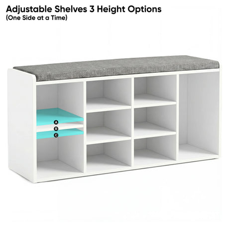 [White] Shoe storage bench left cubby with adjustable shelves at 3 heights, grey cushion across top