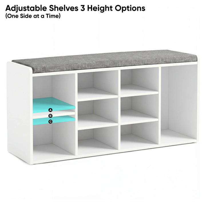 [White] Shoe storage bench left cubby with adjustable shelves at 3 heights, grey cushion across top