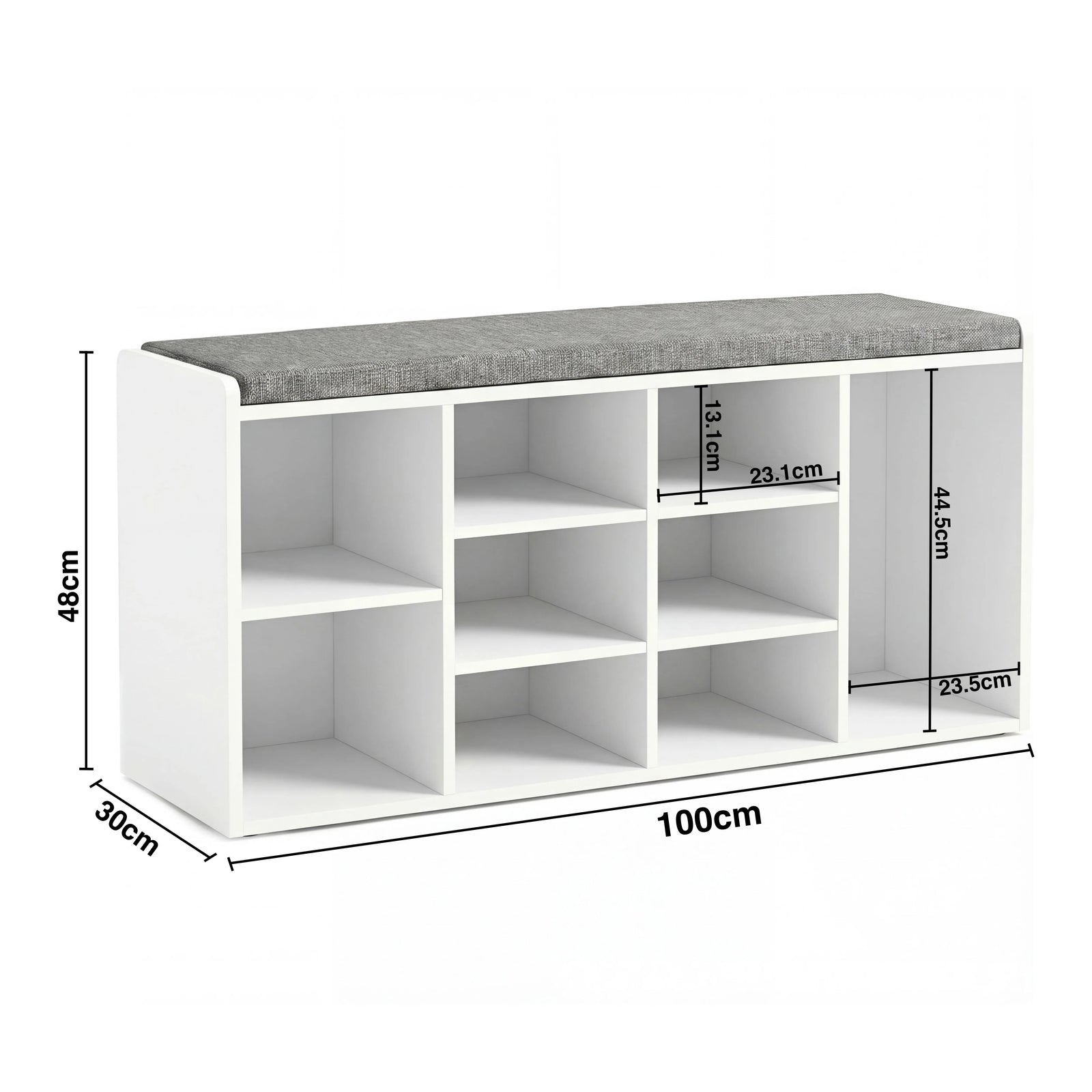 [White] Shoe storage bench dimensions diagram: 100cm wide, 30cm deep, 48cm tall, side cubby 44.5cm tall