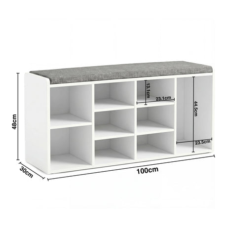 [White] Shoe storage bench dimensions diagram: 100cm wide, 30cm deep, 48cm tall, side cubby 44.5cm tall