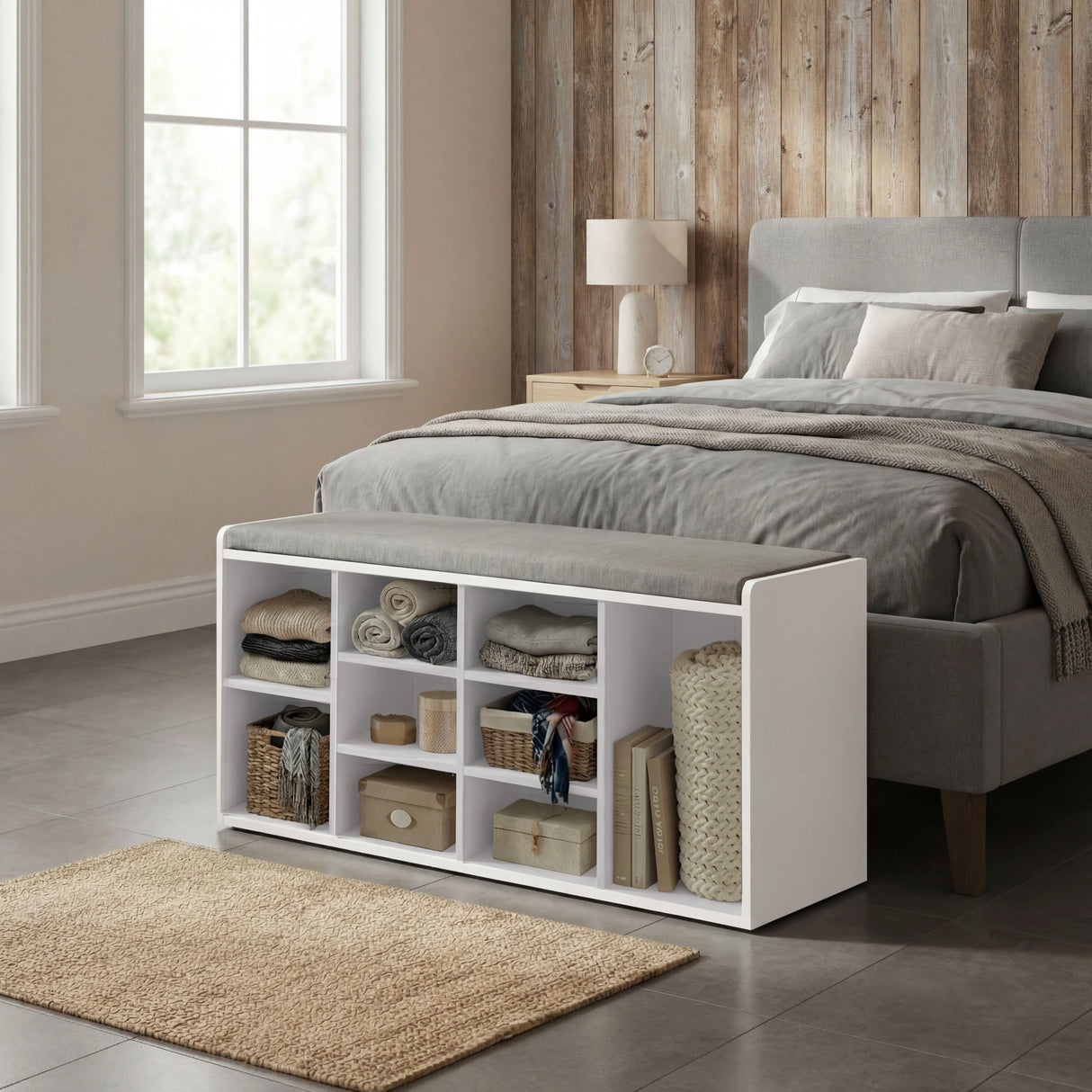 [White] Shoe storage bench at foot of grey upholstered bed with woven baskets and folded linens in cubbies