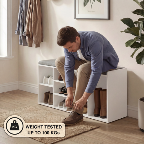 [White] Shoe storage bench with seated man tying laces, 100kg weight-tested badge confirms load capacity