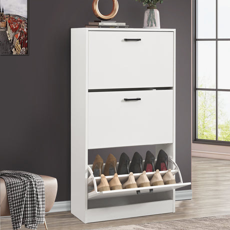 White shoe cabinet featuring a 3 tier shoe cabinet design, showing footwear stored in the lowest pull-down drawer.