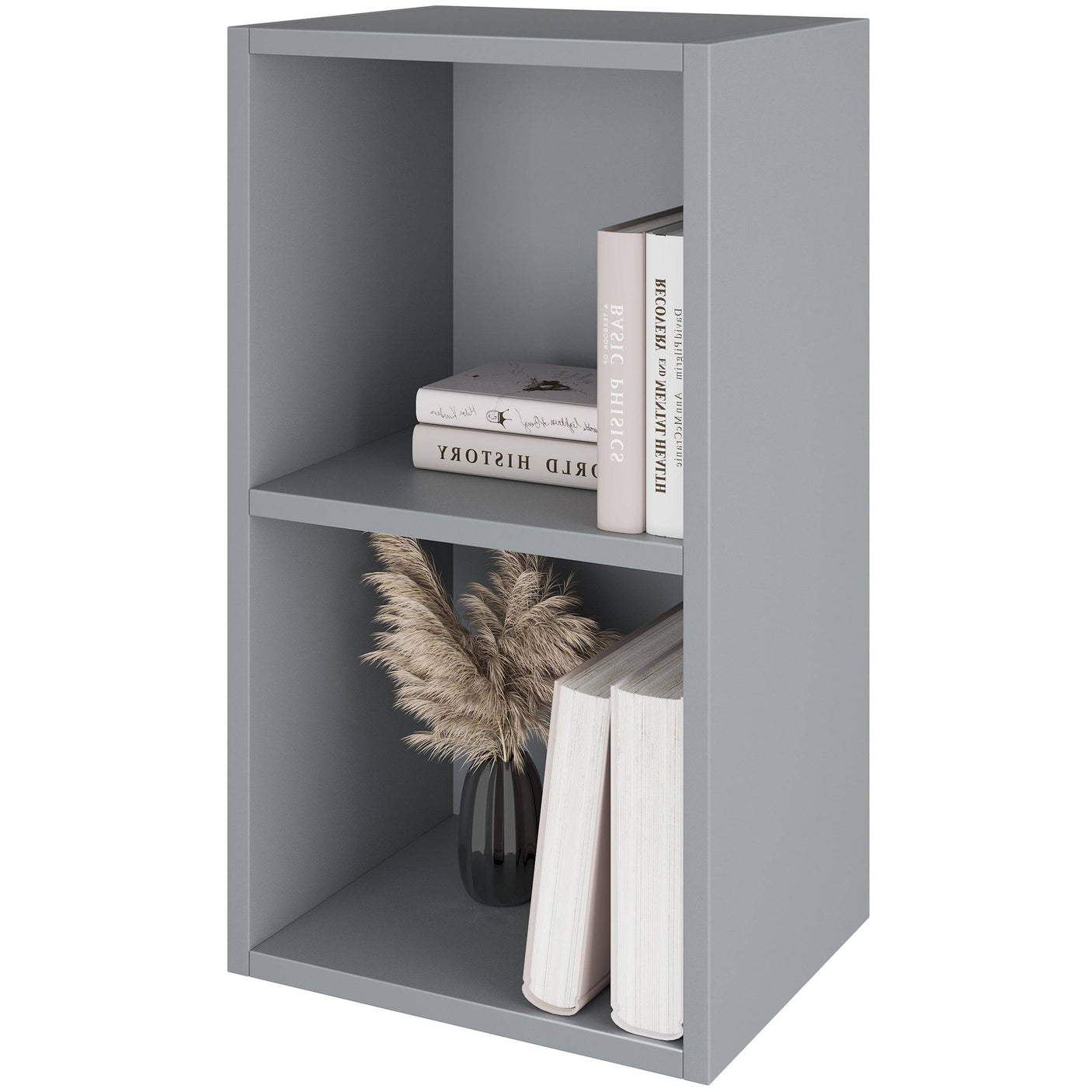 Grey Blisswood 2 shelf bookcase with books and vase, compact and stylish for home organization.