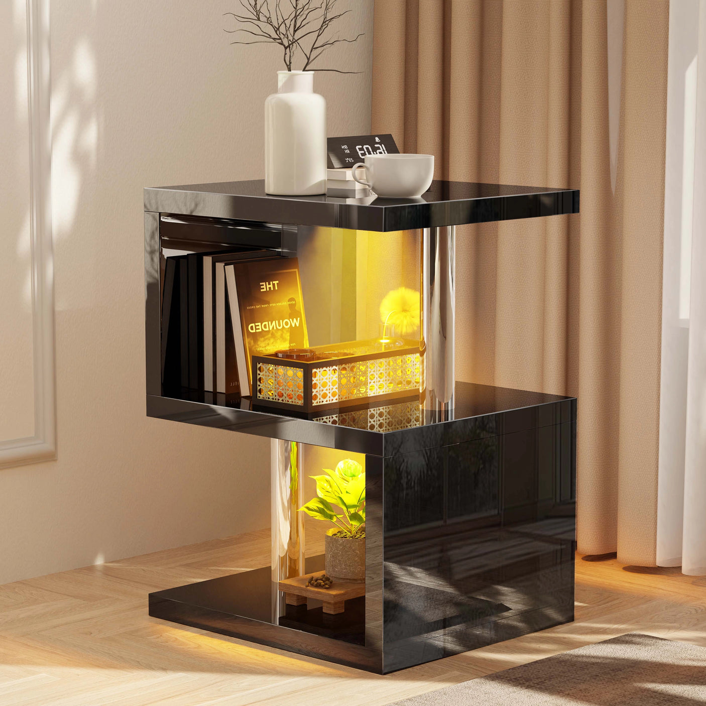 High Gloss Sofa Side Table With LED