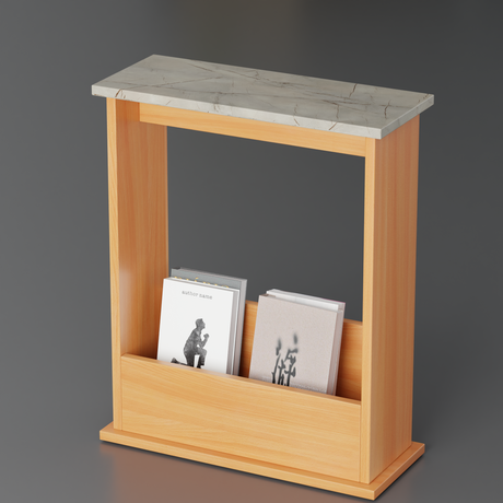 Minimalist side table narrow with a sleek white marble surface and pine frame.