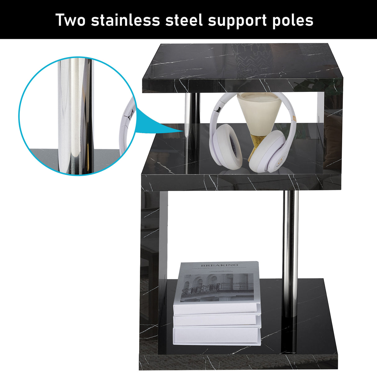 Side table with storage for living room, two stainless steel support poles for stability.