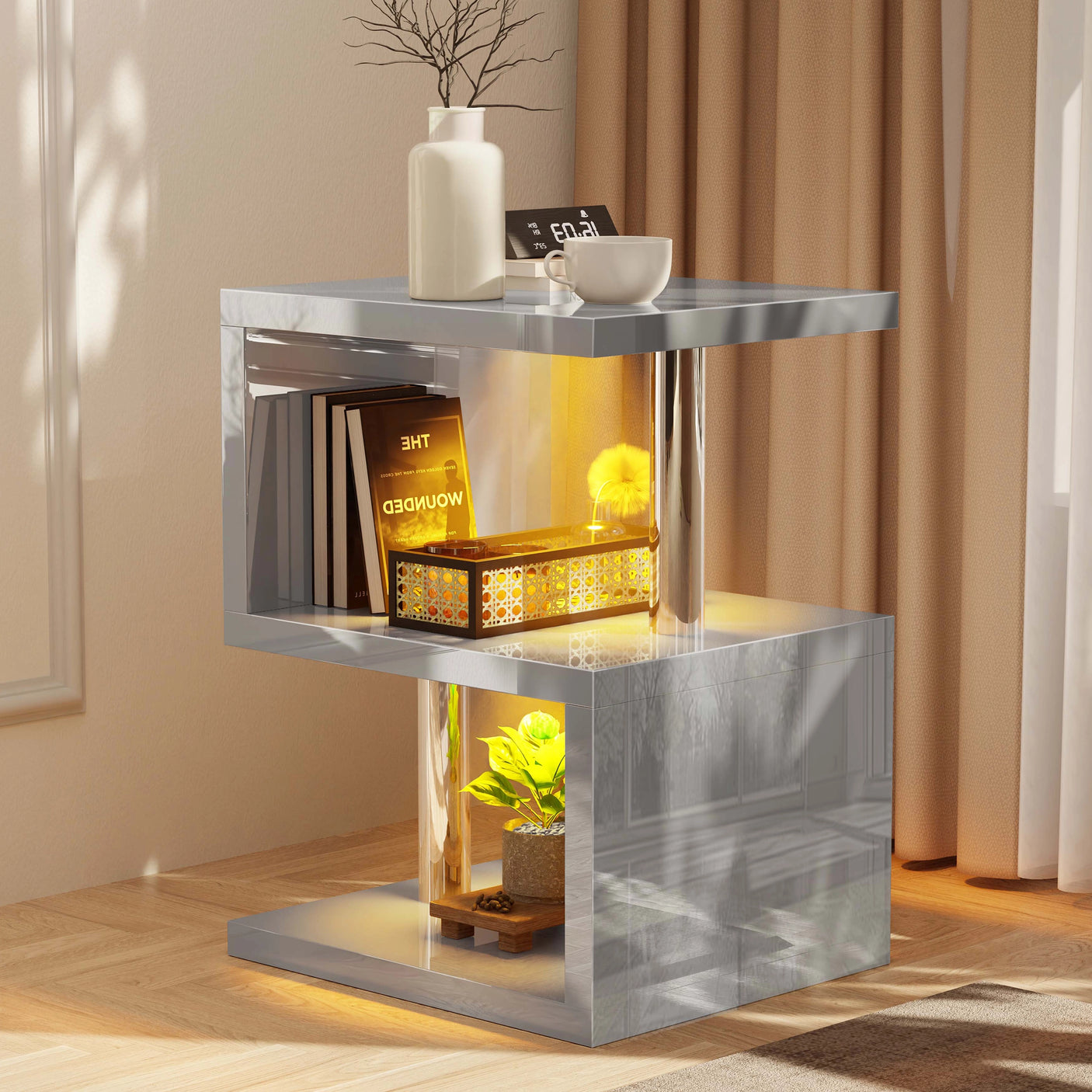 High Gloss Sofa Side Table With LED