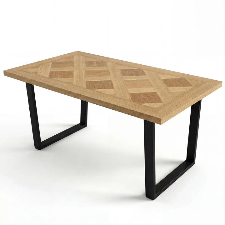 [6 Seater | Grey] Aldridge oak dining table shown without chairs, diamond inlay surface above black U-shape legs.