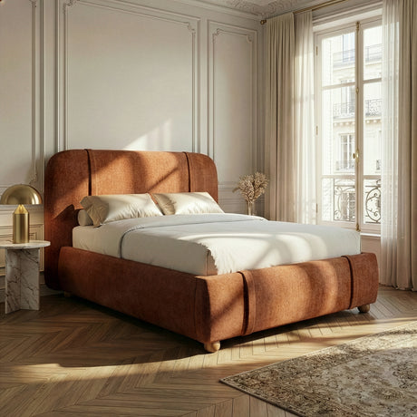 Orange king bed frame angled near window with layered neutral bedding placed in a modern room