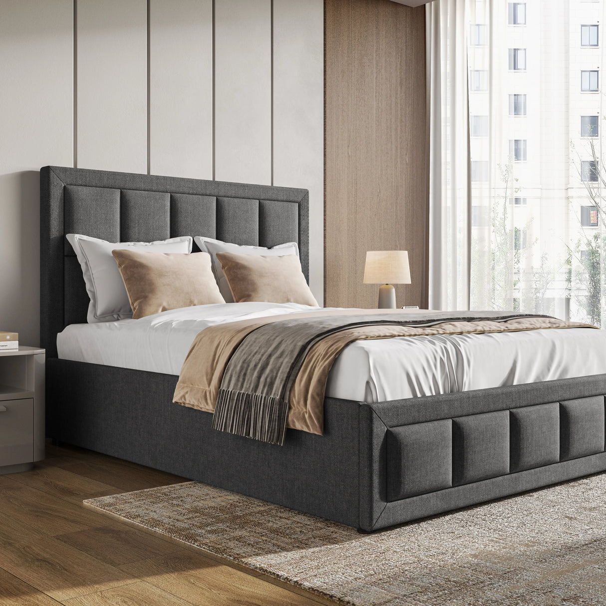 Linen Ottoman Bed Frame - End Lift Ottoman Storage Bed