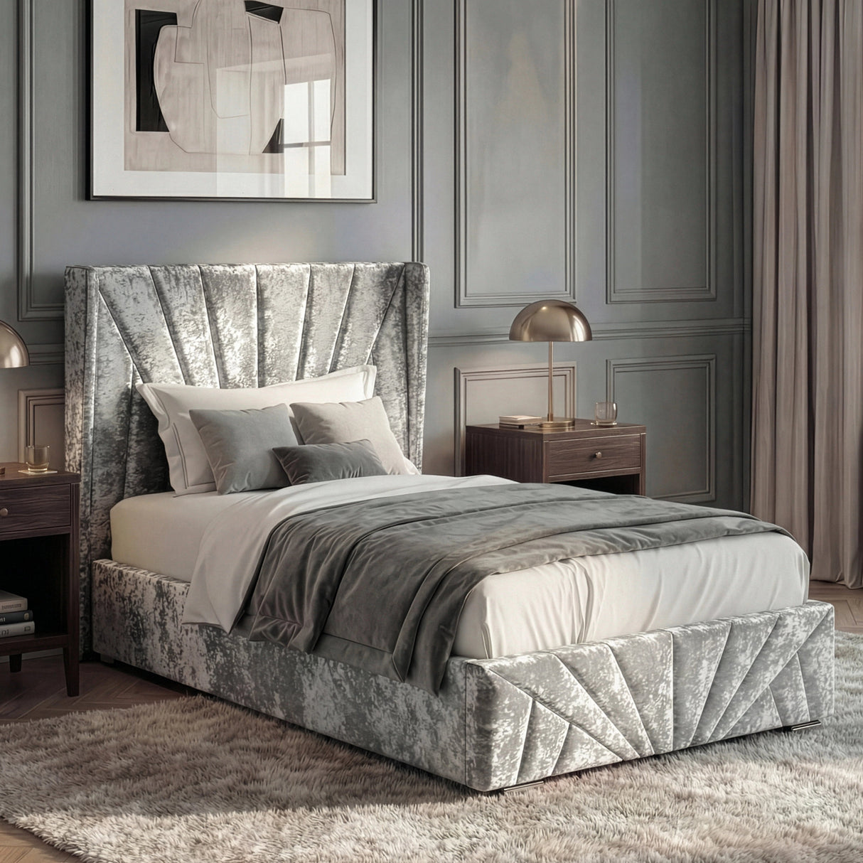 [Single | Silver] Silver crushed velvet ottoman bed dressed with grey throw, abstract beige art on panelled wall behind