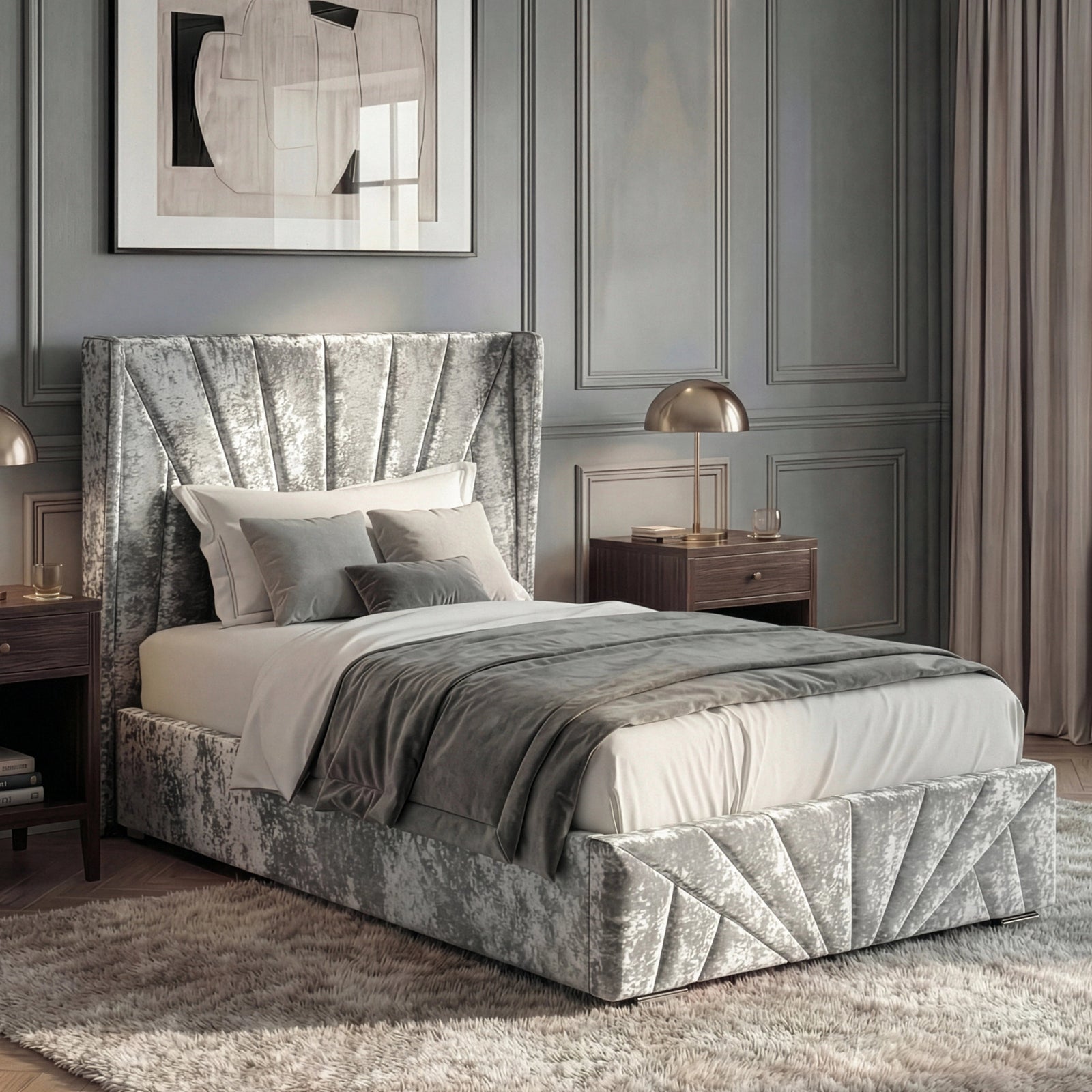 [Single | Silver] Silver crushed velvet ottoman bed dressed with grey throw, abstract beige art on panelled wall behind