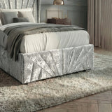 [Single | Silver] Footboard detail of Single crushed velvet ottoman bed in silver showing chevron velvet pleating