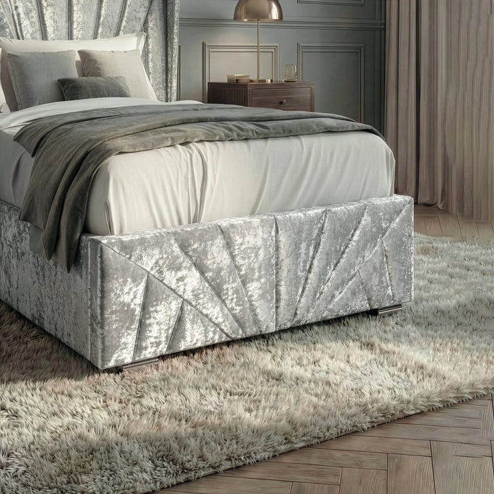 [Single | Silver] Footboard detail of Single crushed velvet ottoman bed in silver showing chevron velvet pleating