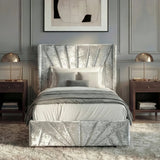 [Single | Silver] Symmetrical front shot of Single crushed velvet bed in silver with grey throw and stacked cushions