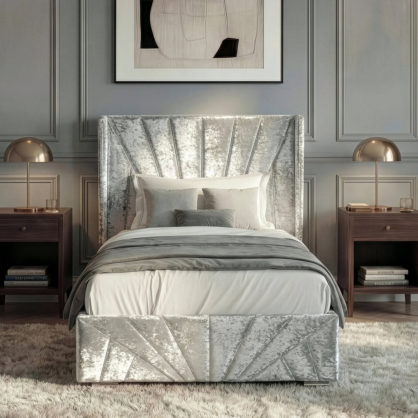 [Single | Silver] Symmetrical front shot of Single crushed velvet bed in silver with grey throw and stacked cushions