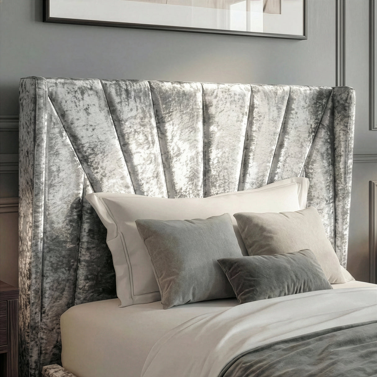 [Single | Silver] Sunburst headboard panel of silver crushed velvet ottoman bed shown in close detail