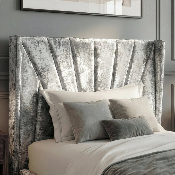 [Single | Silver] Sunburst headboard panel of silver crushed velvet ottoman bed shown in close detail