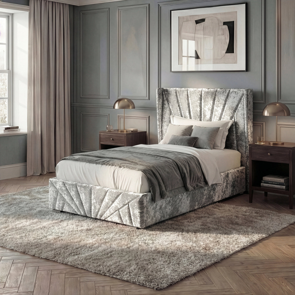 [Single | Silver] Lifestyle of Single crushed velvet ottoman bed in silver on herringbone floor with grey panelled wall