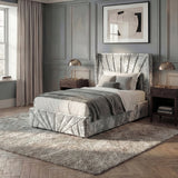 [Single | Silver] Lifestyle of Single crushed velvet ottoman bed in silver on herringbone floor with grey panelled wall