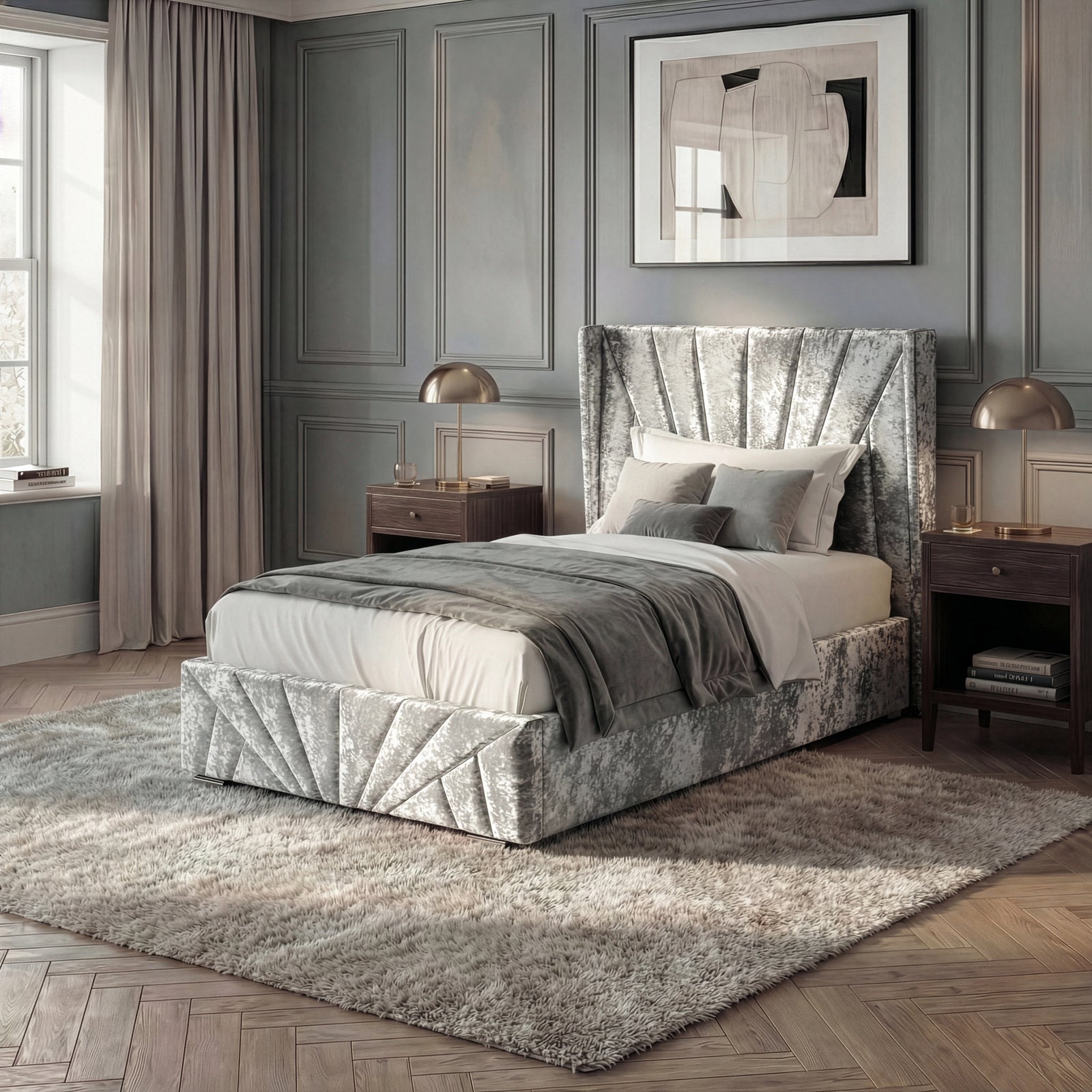 [Single | Silver] Lifestyle of Single crushed velvet ottoman bed in silver on herringbone floor with grey panelled wall