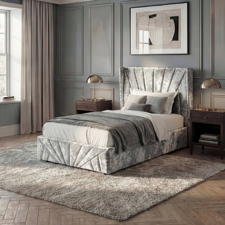 [Single | Silver] Lifestyle of Single crushed velvet ottoman bed in silver on herringbone floor with grey panelled wall