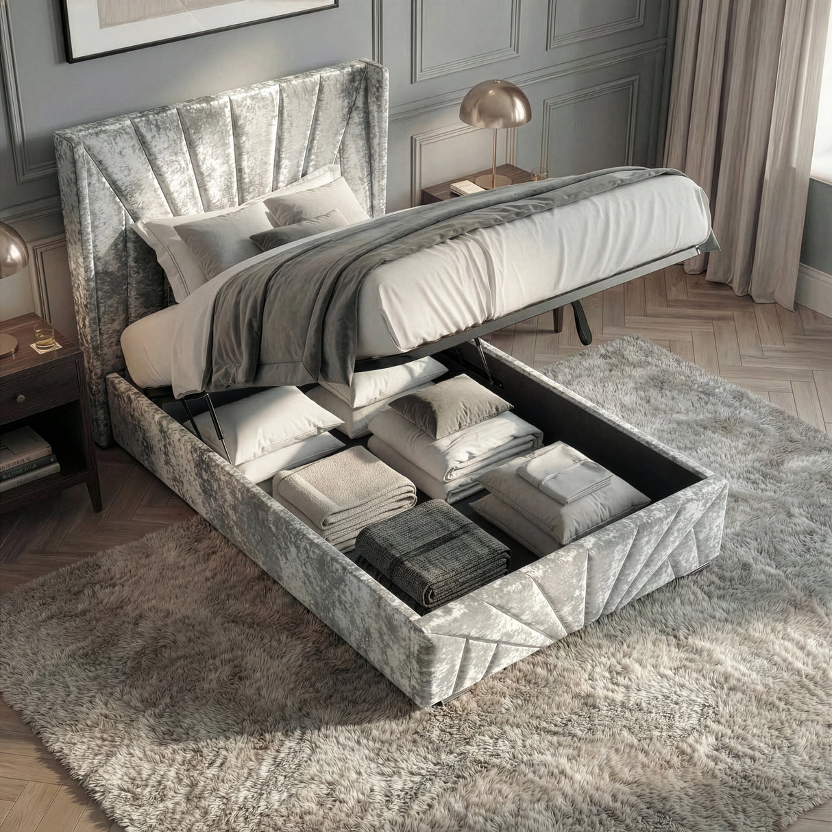 [Single | Silver] Crushed velvet ottoman bed silver showing under-bed storage area with neatly folded grey towels