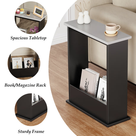 lounge side table with silver grey top and three features inset: sturdy frame, book slot, and wide top