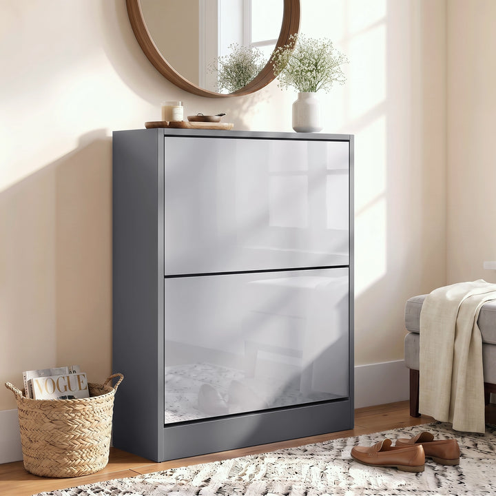 [Silver Grey & Dark Grey] Closed front view with round mirror, vase, woven basket, rug, shoes, and bench at the side
