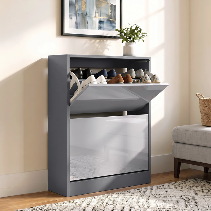 [Silver Grey & Dark Grey] Angled hallway view with top drawer open, shoe shelf, framed art, plant, bench, basket, and rug