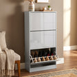 [Silver Grey] High Gloss 3 Door Shoe Cabinet with the bottom door tilted open from a side angle.