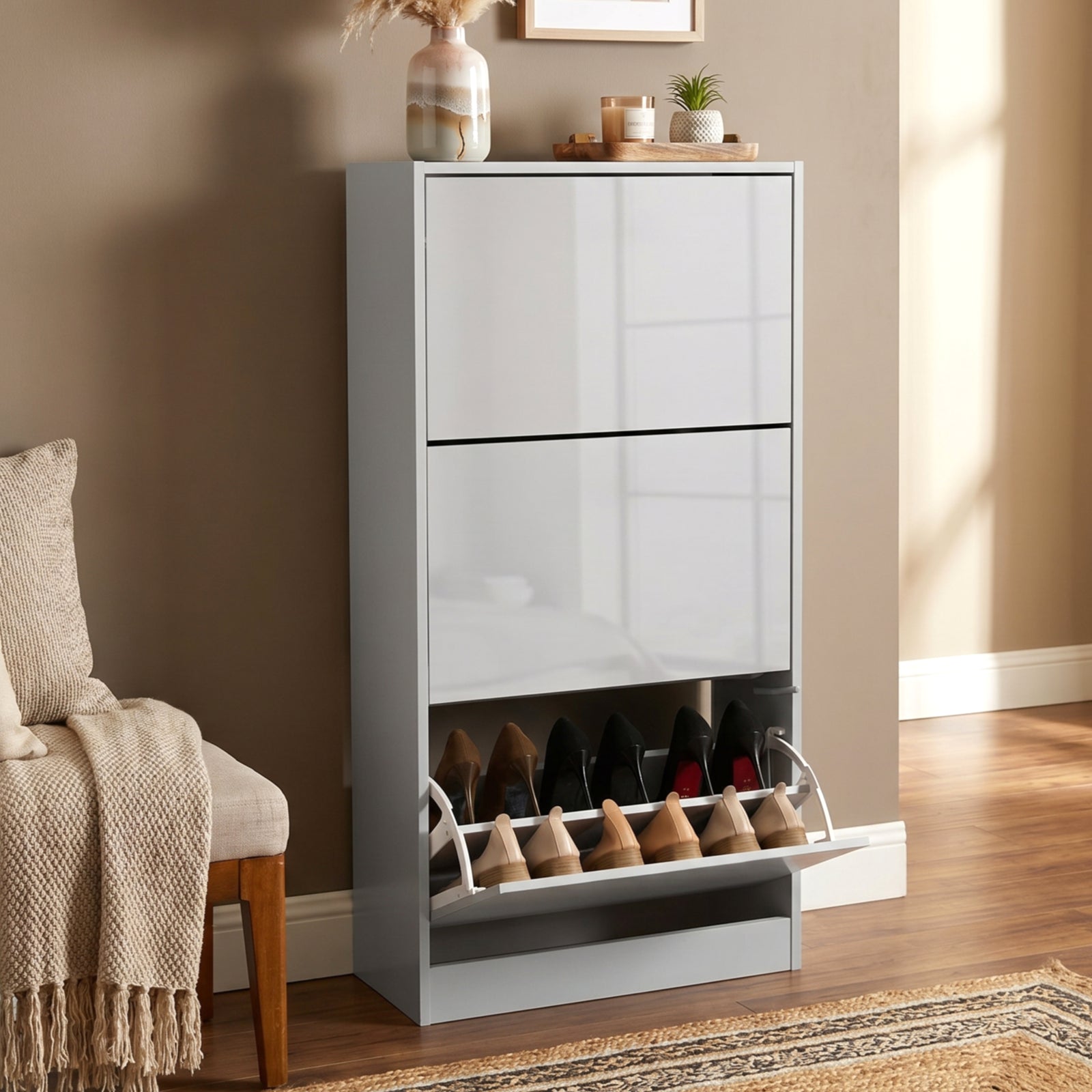 [Silver Grey] High Gloss 3 Door Shoe Cabinet with the bottom door tilted open from a side angle.