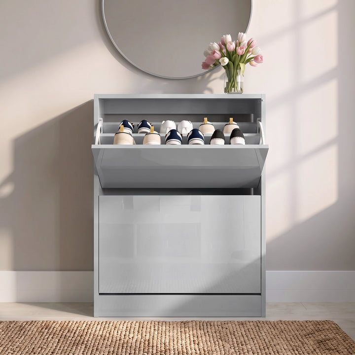 [Silver Grey] Front view of the Silver Grey High Gloss 2 Drawer Slim Shoe Storage Cabinet with top drawer open revealing shoes inside.