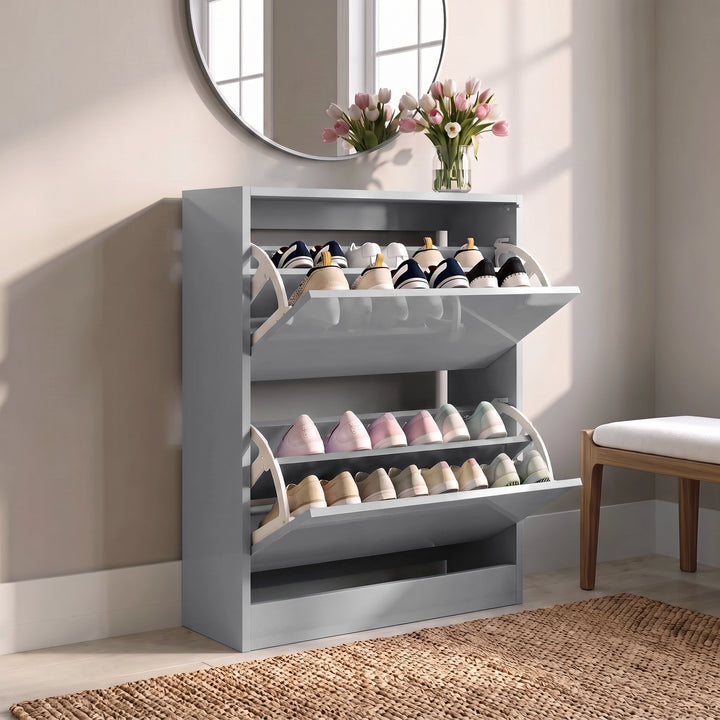 [Silver Grey] Silver Grey High Gloss 2 Drawer Slim Shoe Storage Cabinet with both pull-down drawers fully open.