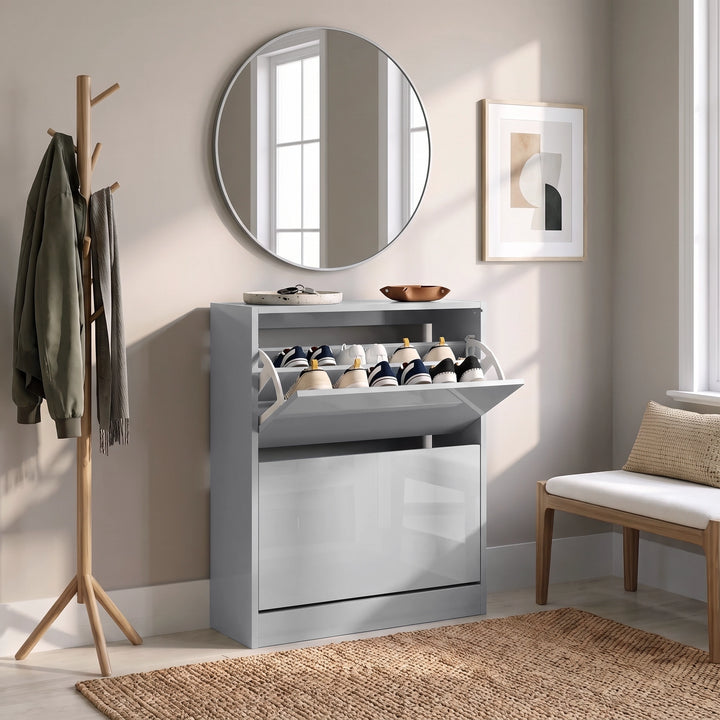 [Silver Grey] Entryway lifestyle arrangement featuring the Silver Grey High Gloss 2 Drawer Slim Shoe Storage Cabinet with top drawer open.