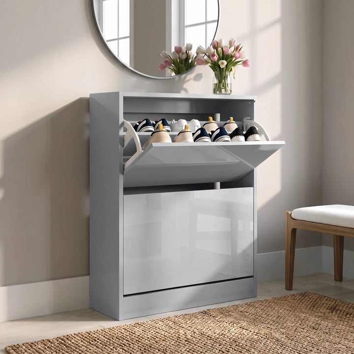 [Silver Grey] Angled view of the Silver Grey High Gloss 2 Drawer Slim Shoe Storage Cabinet with top compartment open.