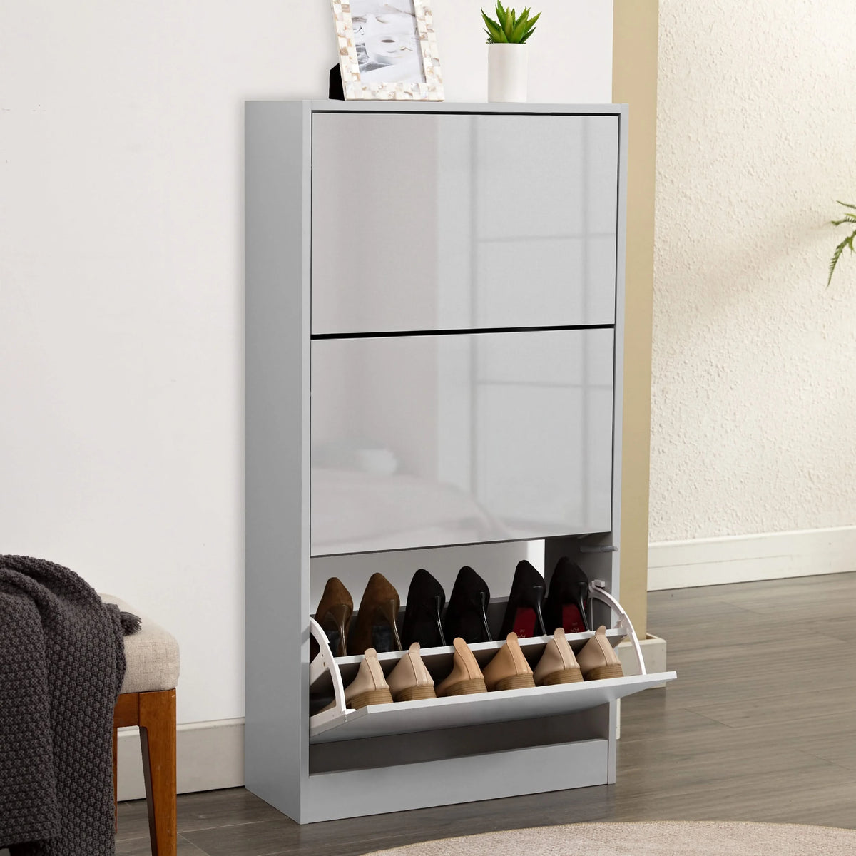 High Gloss 3 Door Shoe Cabinet Slim Shoe Storage