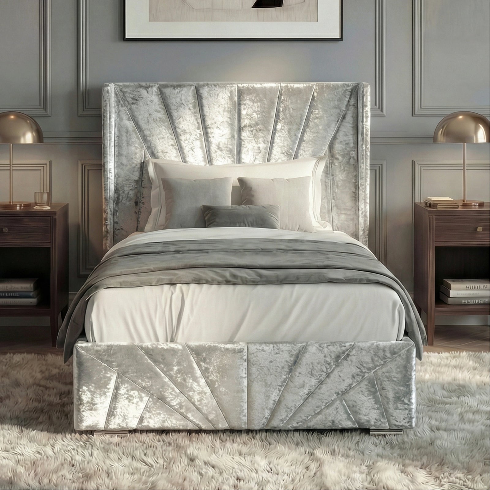 [Single | Silver] Front view of Sunrise bed with wing headboard, white bedding, and walnut bedside tables