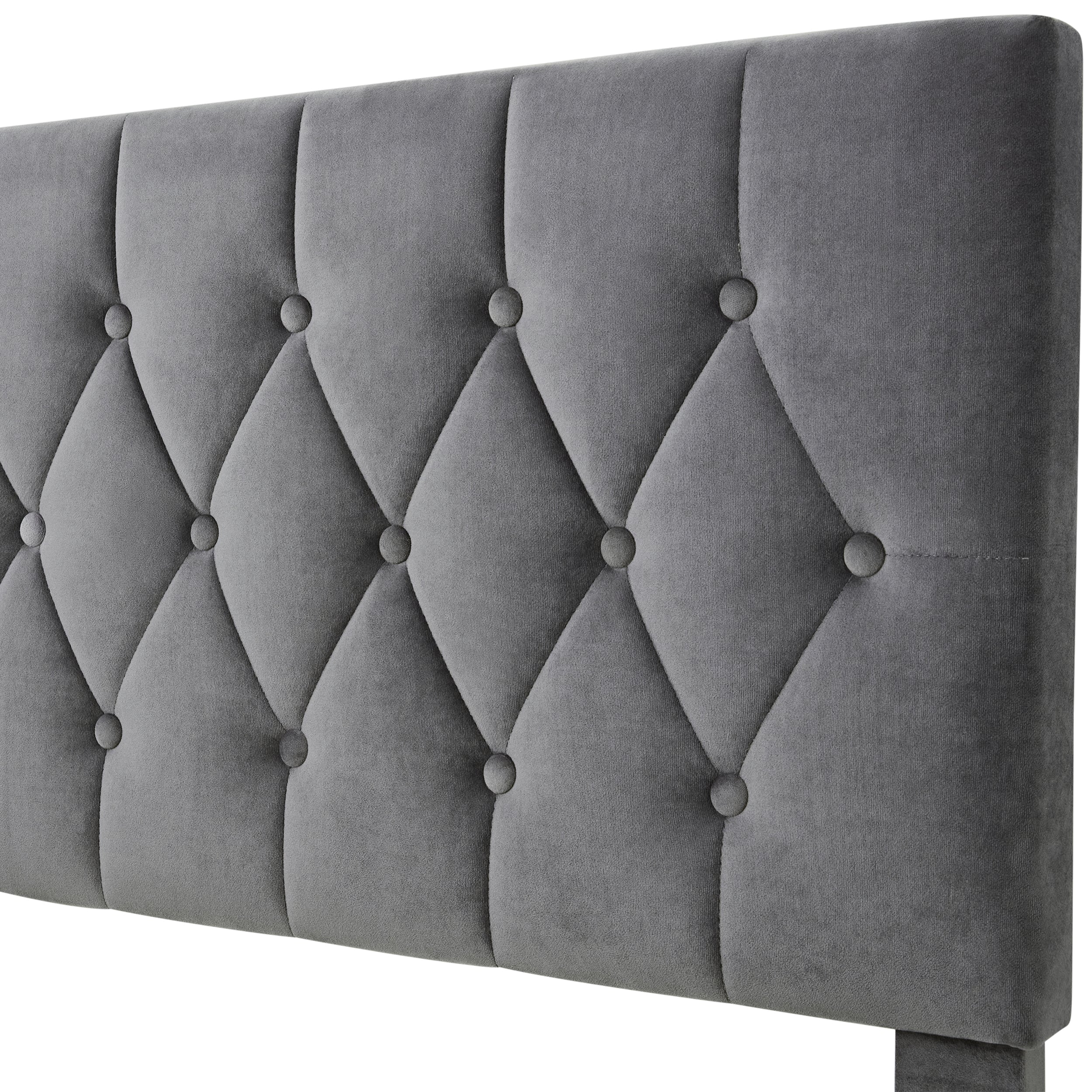 Single bed frame with velvet grey upholstery and tufted headboard featuring button details.