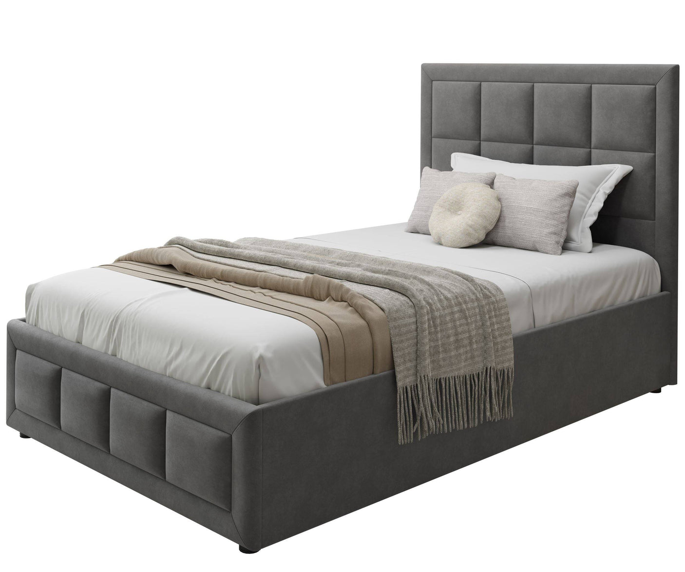 Grey single ottoman bed, stylish and functional with built-in storage space.