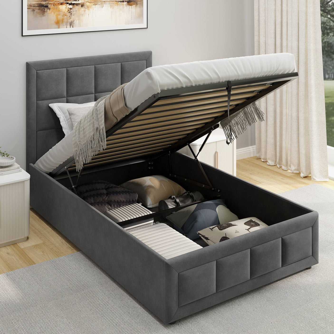 Single bed with ottoman, open storage for clothes, books, and cushions, space-saving solution.