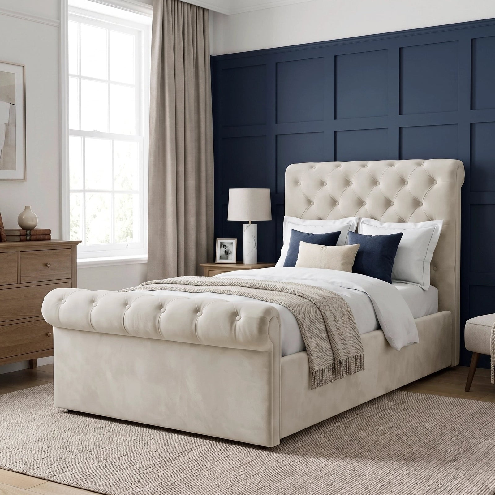 [Single | Beige] Styled bedroom view with pillows, throw blanket, chest of drawers, chair, and panelled wall