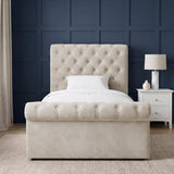 [Single | Beige] Straight front view showing tufted headboard, matching footboard, window, lamp, and bedside table