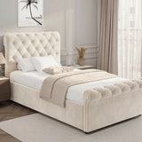 [Single | Beige] Single beige chesterfield ottoman bed with deep buttoned upholstery and padded curved sides
